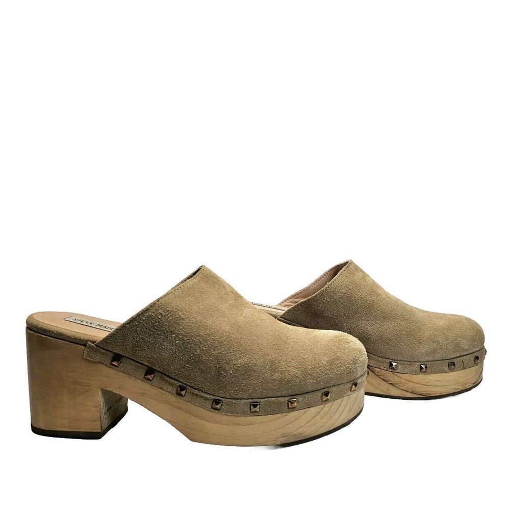 Steve Madden Brooklyn-1 Clogs Studded‎ Slip-On Platform Mule Beige Suede 9